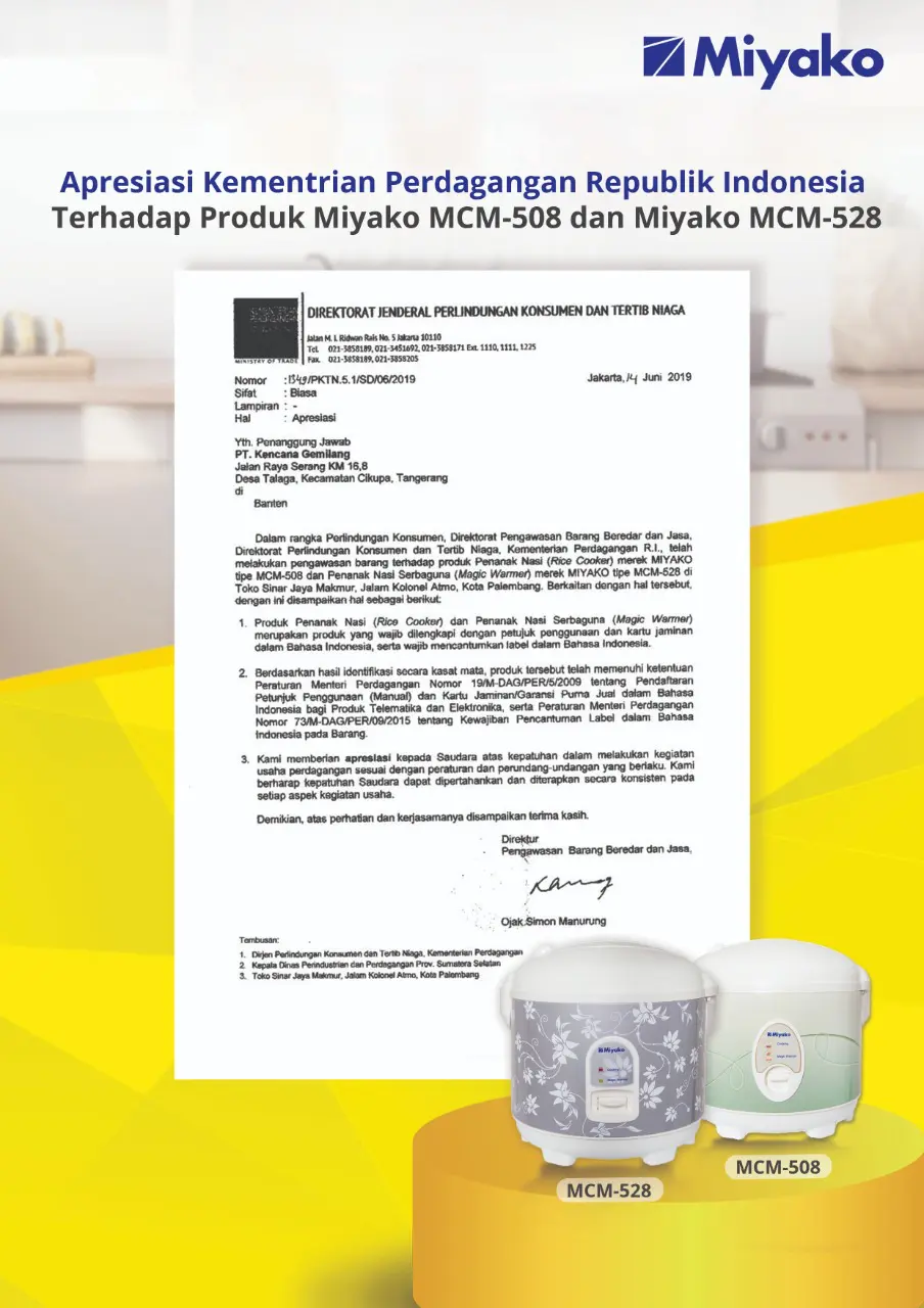 Gambar Apresiasi Kementerian Perdagangan Republik Indonesia Terhadap Produk Miyako MCM-508 dan Miyako MCM-528 di Kota Palembang