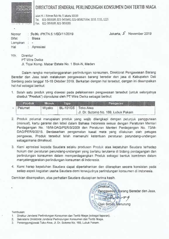Gambar Apresiasi Kementerian Perdagangan Republik Indonesia kepada Produk Miyako Blender BL-101 GS